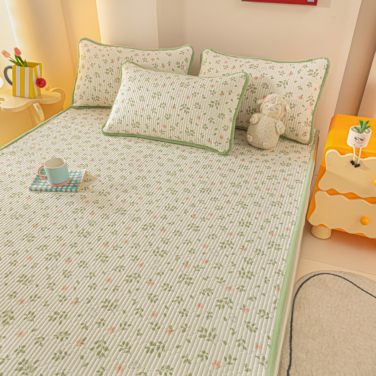 91家纺网 家纺一手货源 找家纺 恒尚居 2025新款A版全棉B版牛奶绒夹棉床褥垫A类四季可用学生床垫-秋冬款三件套系列三 清新雅韵【A纯棉-B牛奶绒】