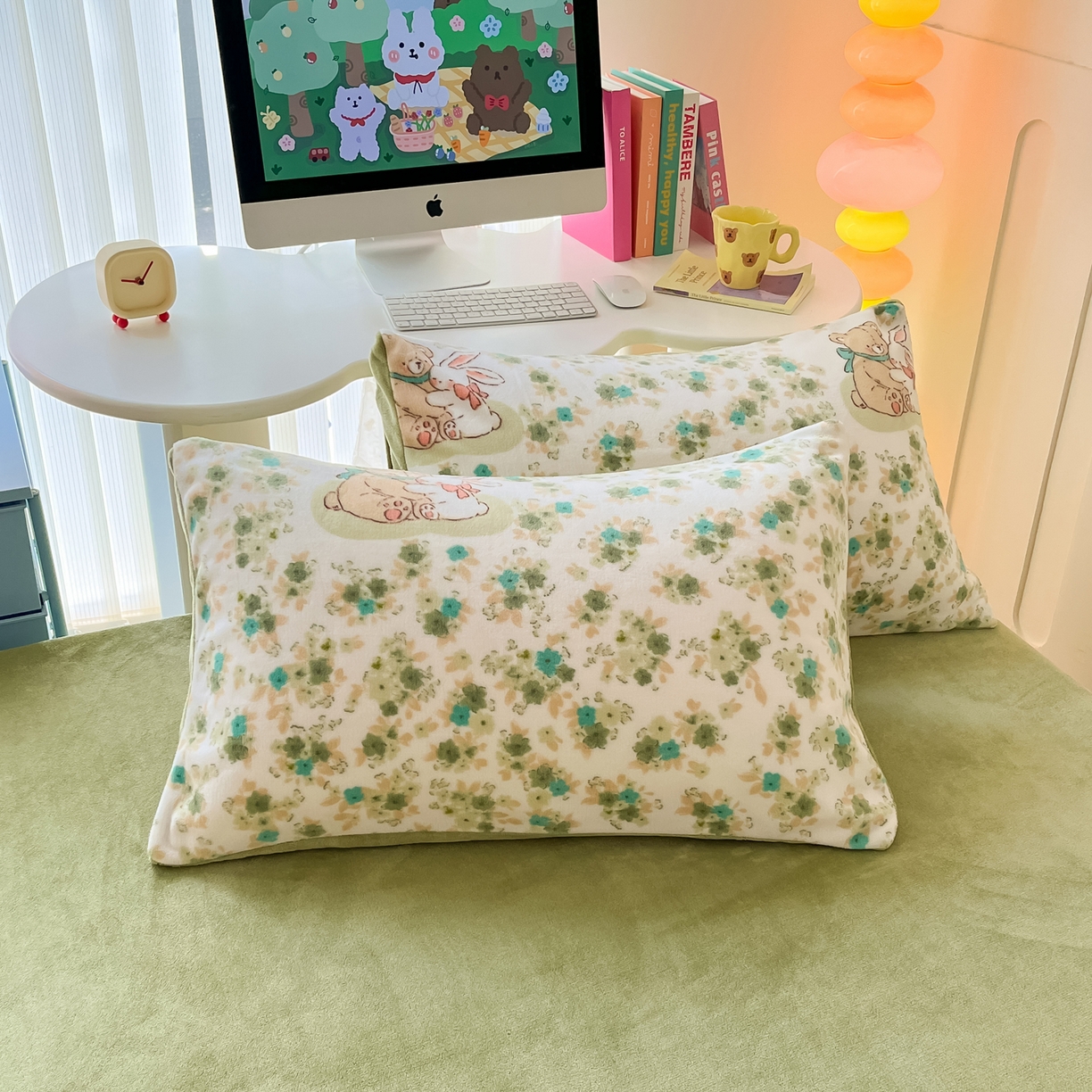 91家纺网 家纺一手货源 找家纺 启发 2025新款高克重小清新牛奶绒印花四件套 蓝风铃-绿