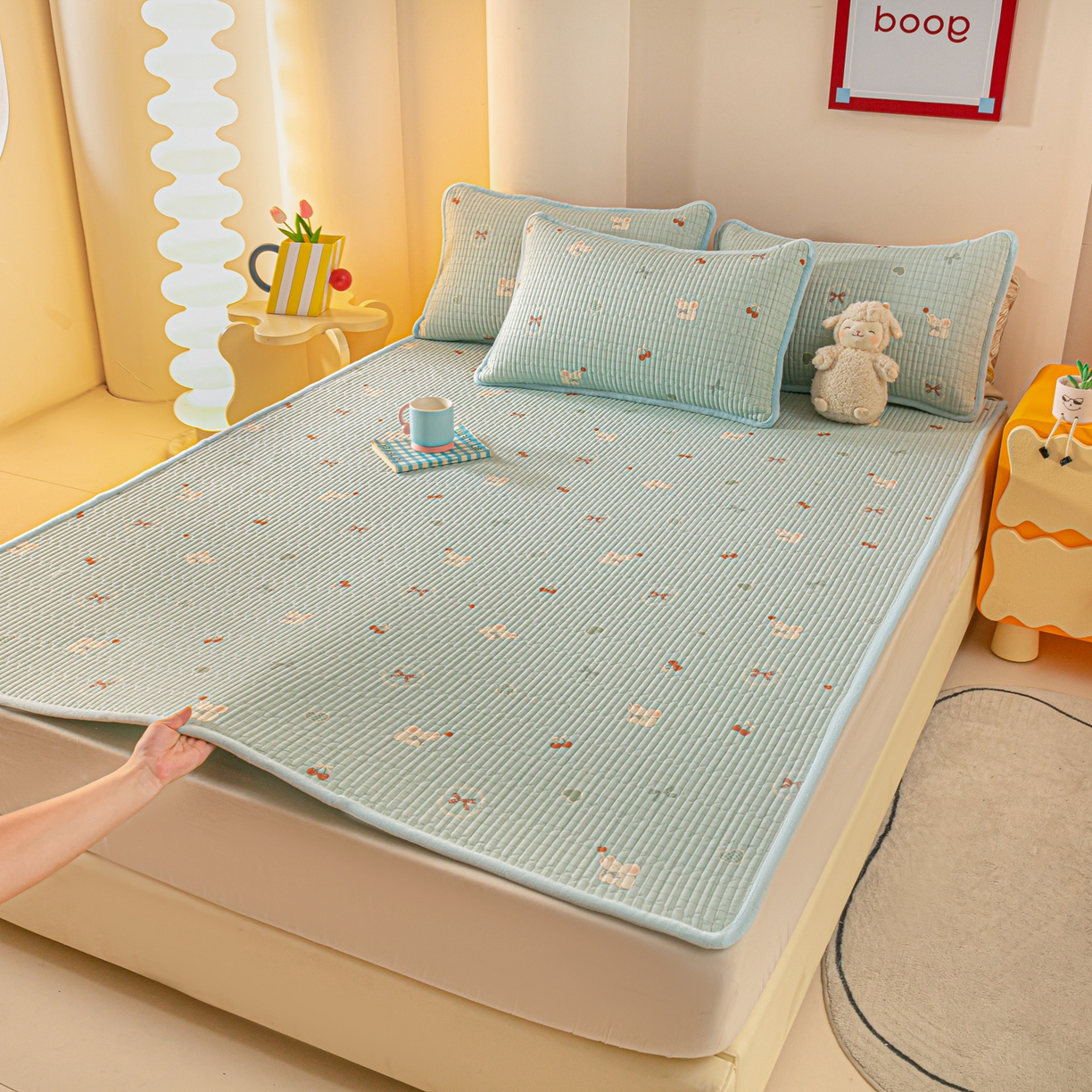 91家纺网 家纺一手货源 找家纺 恒尚居 2025新款A版全棉B版牛奶绒夹棉床褥垫A类四季可用学生床垫-秋冬款三件套系列一 蓝象【A纯棉-B牛奶绒】