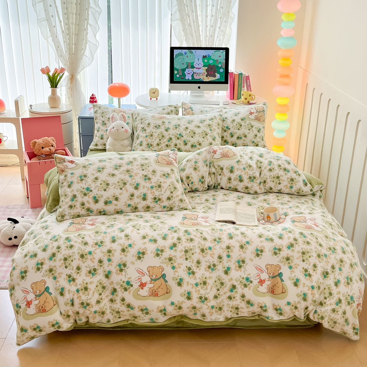 91家纺网 家纺一手货源 找家纺 启发 2025新款高克重小清新牛奶绒印花四件套 蓝风铃-绿