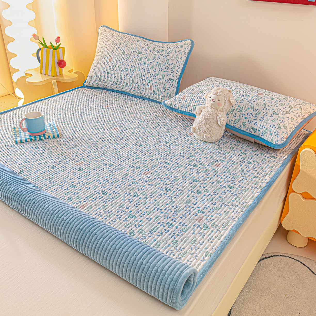 91家纺网 家纺一手货源 找家纺 恒尚居 2025新款A版全棉B版牛奶绒夹棉床褥垫A类四季可用学生床垫-秋冬款三件套系列二 绿野仙踪【A纯棉-B牛奶绒】