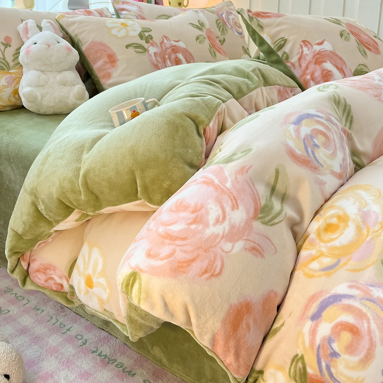 启发 2025新款高克重小清新牛奶绒印花四件套 玫瑰庄园