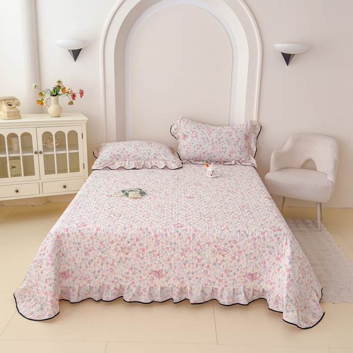 91家纺网 家纺一手货源 找家纺 小萌虎 2025新款A类云感原麻双层纱花边床盖三件套 蝶恋花【花边款】