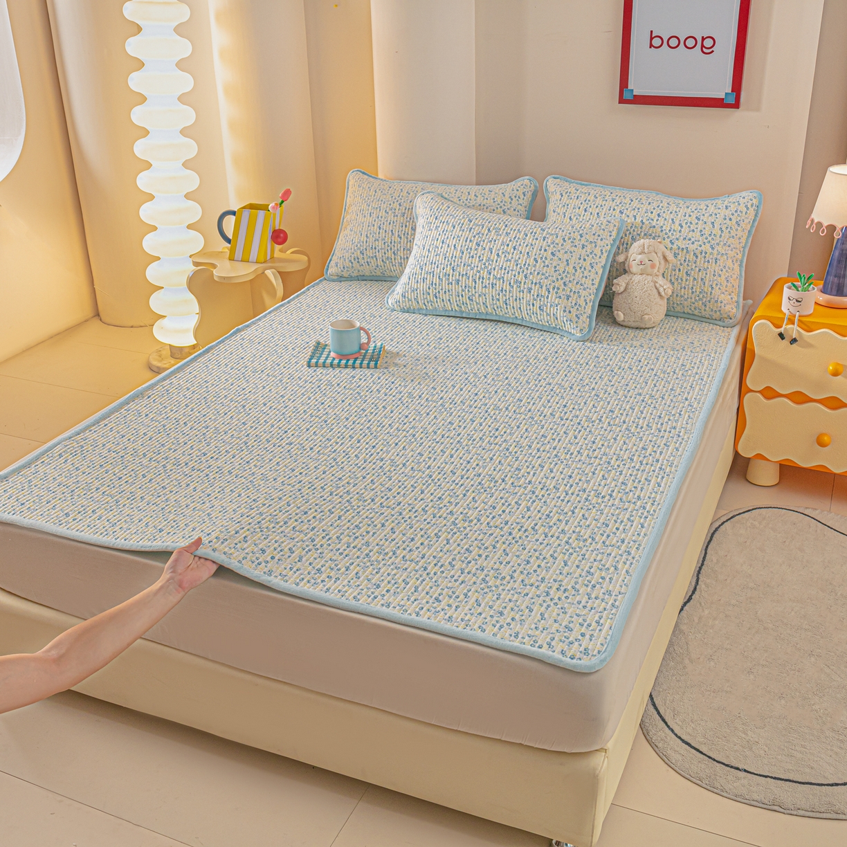 91家纺网 家纺一手货源 找家纺 恒尚居 2025新款A版全棉B版牛奶绒夹棉床褥垫A类四季可用学生床垫-秋冬款三件套系列三 雪兰【A纯棉-B牛奶绒】