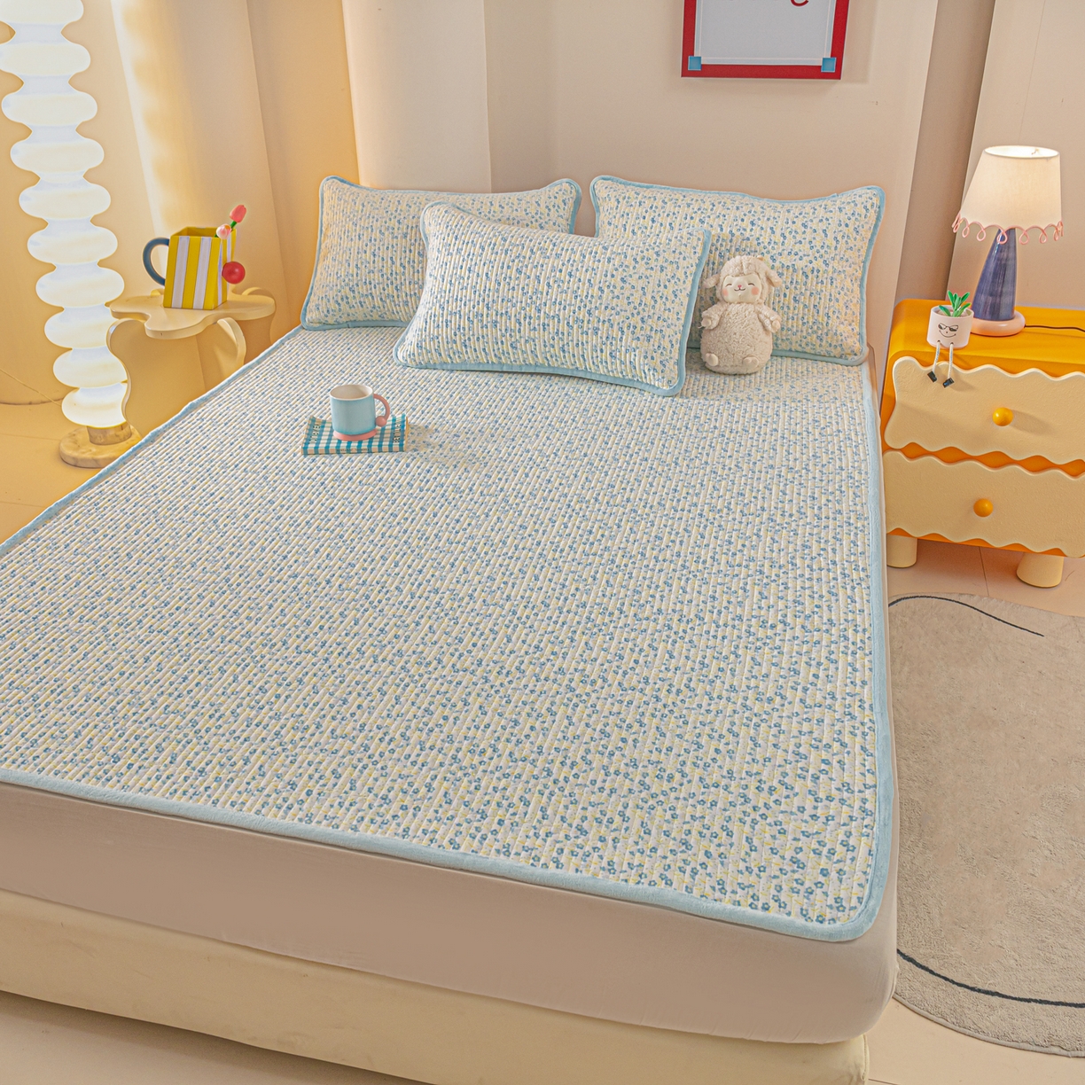 91家纺网 家纺一手货源 找家纺 恒尚居 2025新款A版全棉B版牛奶绒夹棉床褥垫A类四季可用学生床垫-秋冬款三件套系列三 雪兰【A纯棉-B牛奶绒】