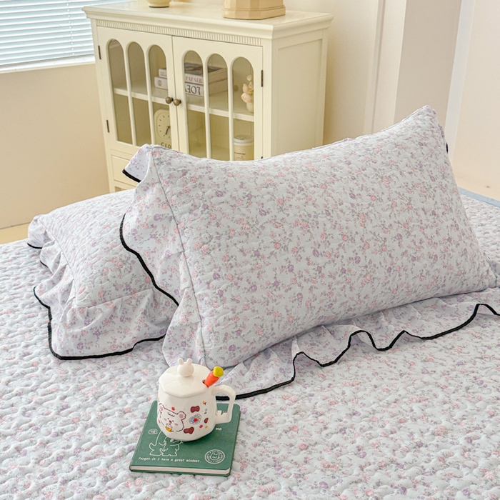 91家纺网 家纺一手货源 找家纺 小萌虎 2025新款A类云感原麻双层纱花边床盖三件套 兰黛【花边款】