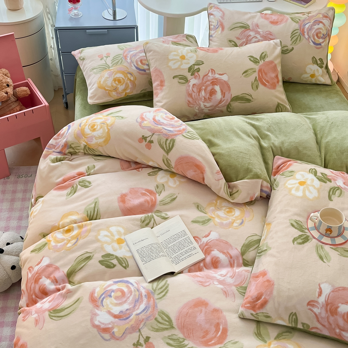 91家纺网 家纺一手货源 找家纺 启发 2025新款高克重小清新牛奶绒印花四件套 玫瑰庄园