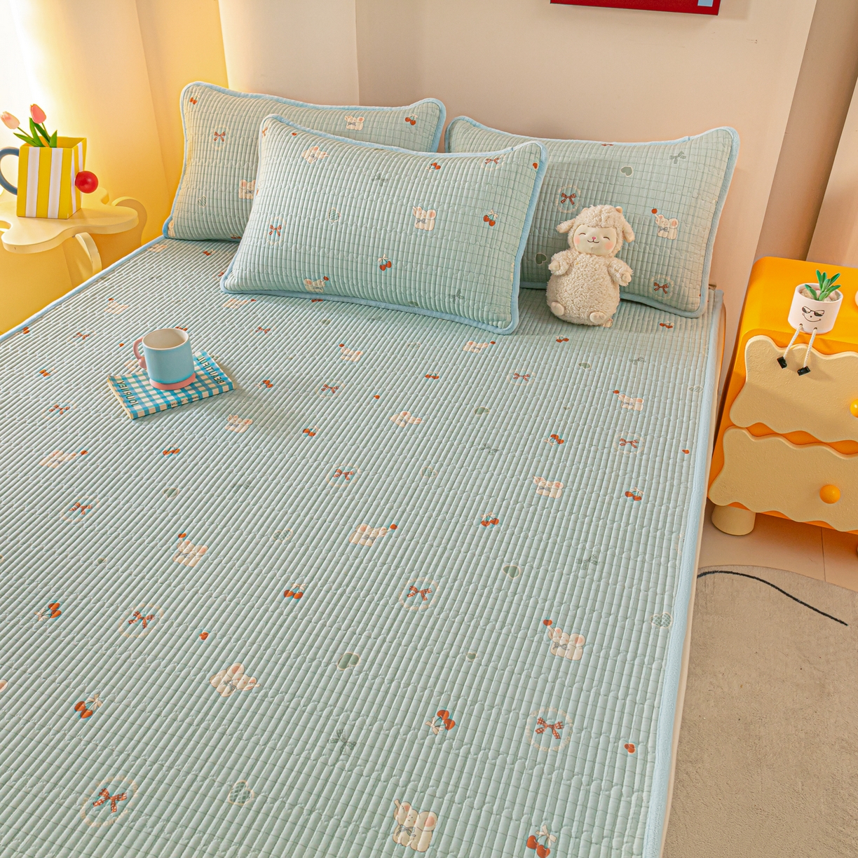 91家纺网 家纺一手货源 找家纺 恒尚居 2025新款A版全棉B版牛奶绒夹棉床褥垫A类四季可用学生床垫-秋冬款三件套系列一 蓝象【A纯棉-B牛奶绒】