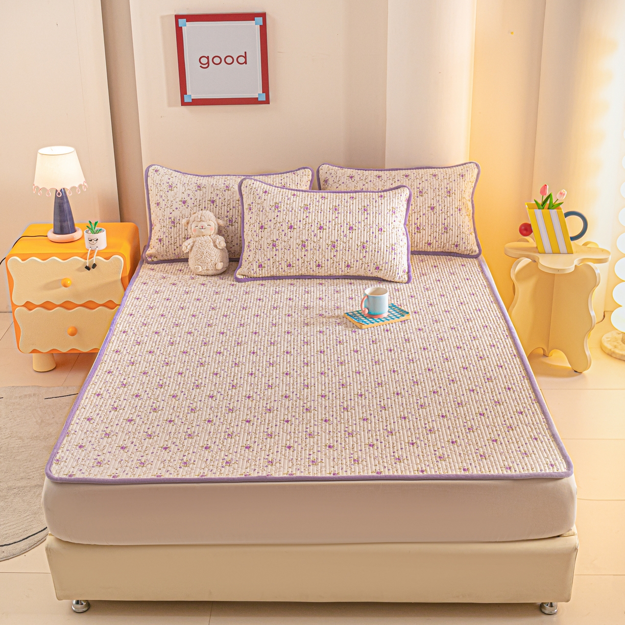 91家纺网 家纺一手货源 找家纺 恒尚居 2025新款A版全棉B版牛奶绒夹棉床褥垫A类四季可用学生床垫-秋冬款三件套系列三 熏衣紫【A纯棉-B牛奶绒】