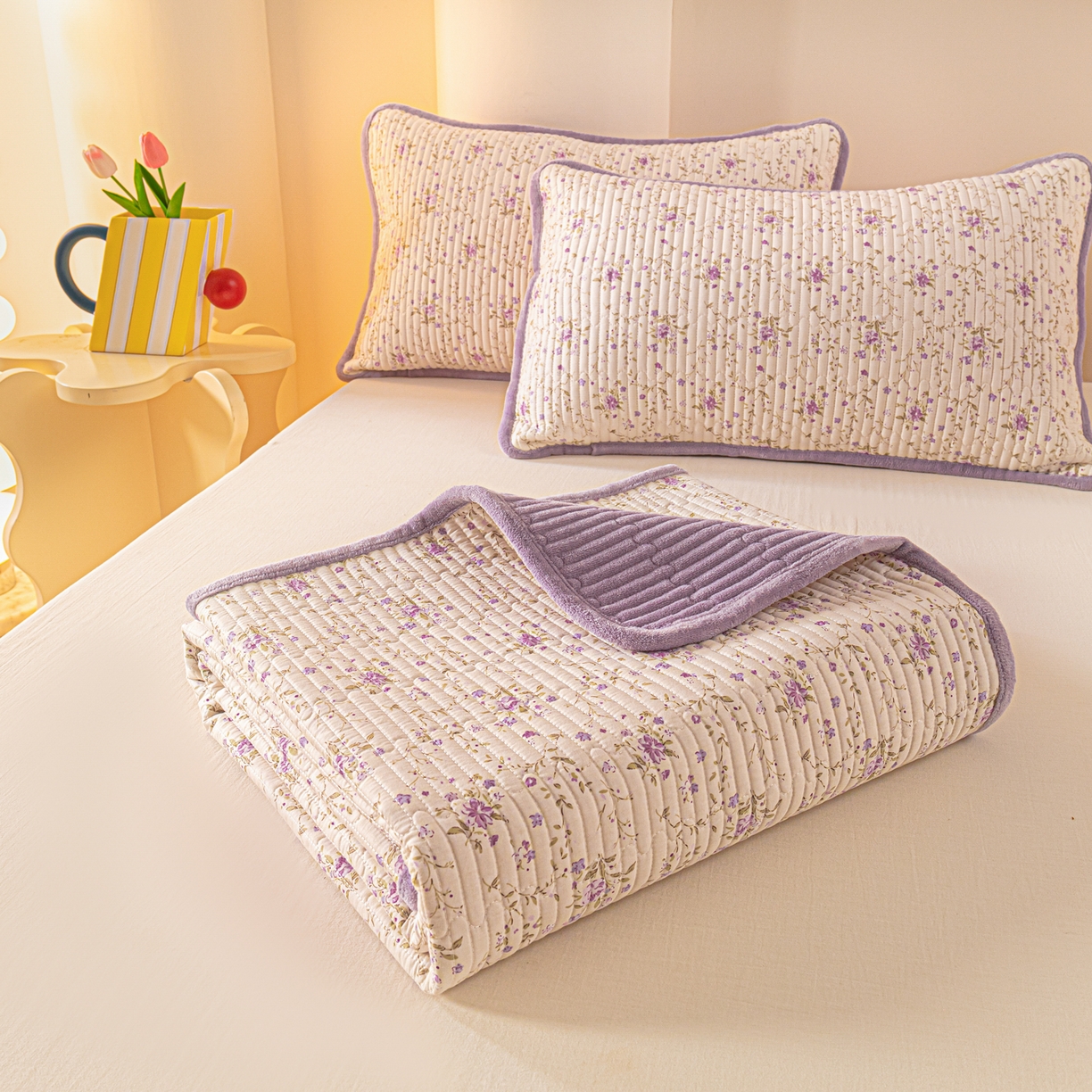 91家纺网 家纺一手货源 找家纺 恒尚居 2025新款A版全棉B版牛奶绒夹棉床褥垫A类四季可用学生床垫-秋冬款三件套系列三 熏衣紫【A纯棉-B牛奶绒】