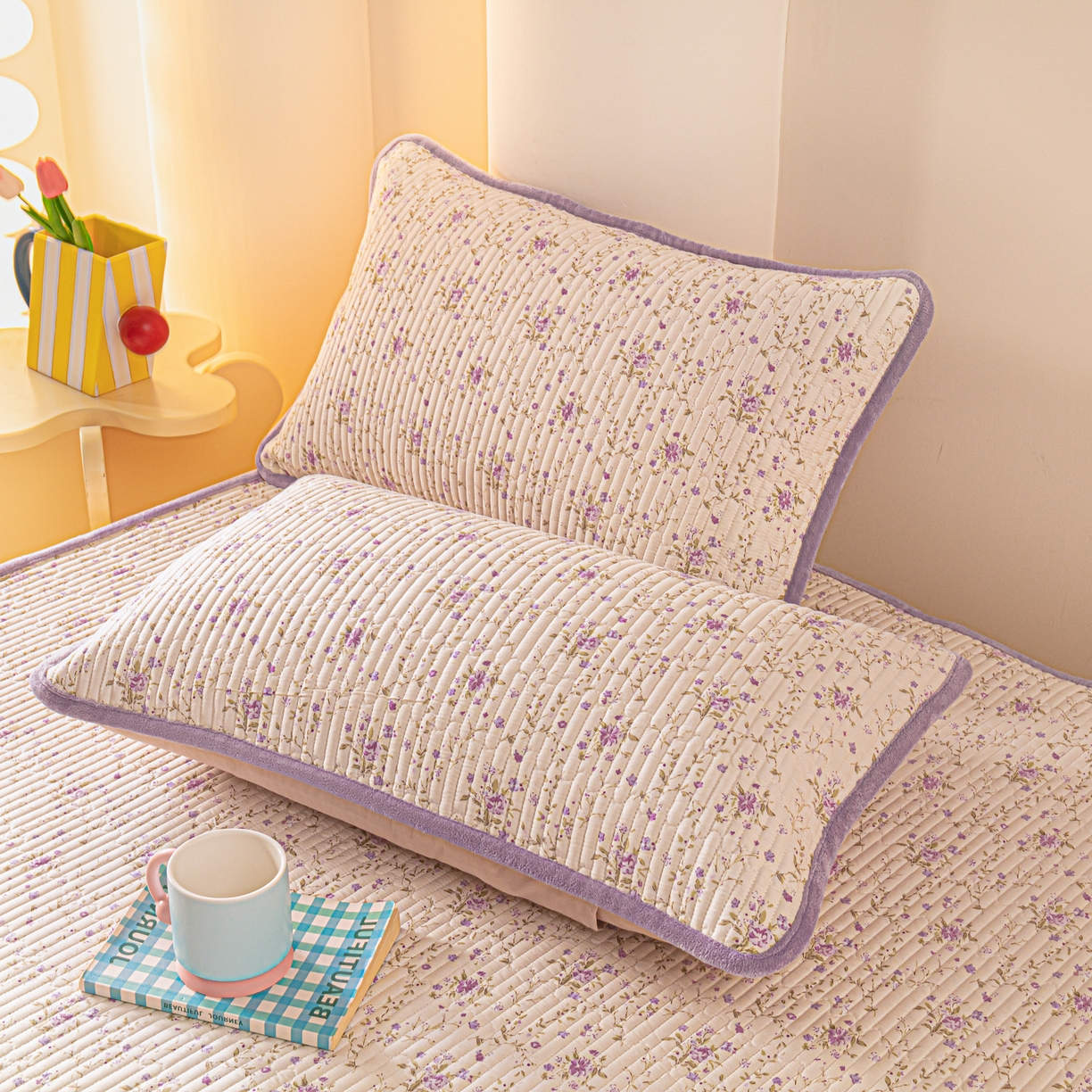 91家纺网 家纺一手货源 找家纺 恒尚居 2025新款A版全棉B版牛奶绒夹棉床褥垫A类四季可用学生床垫-秋冬款三件套系列三 熏衣紫【A纯棉-B牛奶绒】