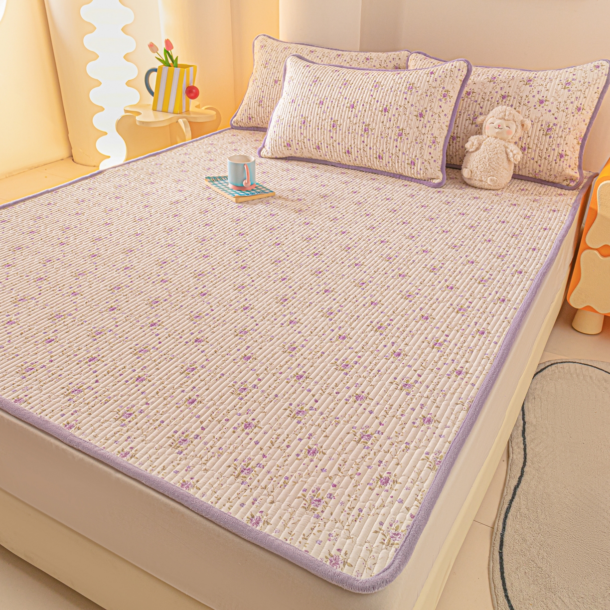 91家纺网 家纺一手货源 找家纺 恒尚居 2025新款A版全棉B版牛奶绒夹棉床褥垫A类四季可用学生床垫-秋冬款三件套系列三 熏衣紫【A纯棉-B牛奶绒】