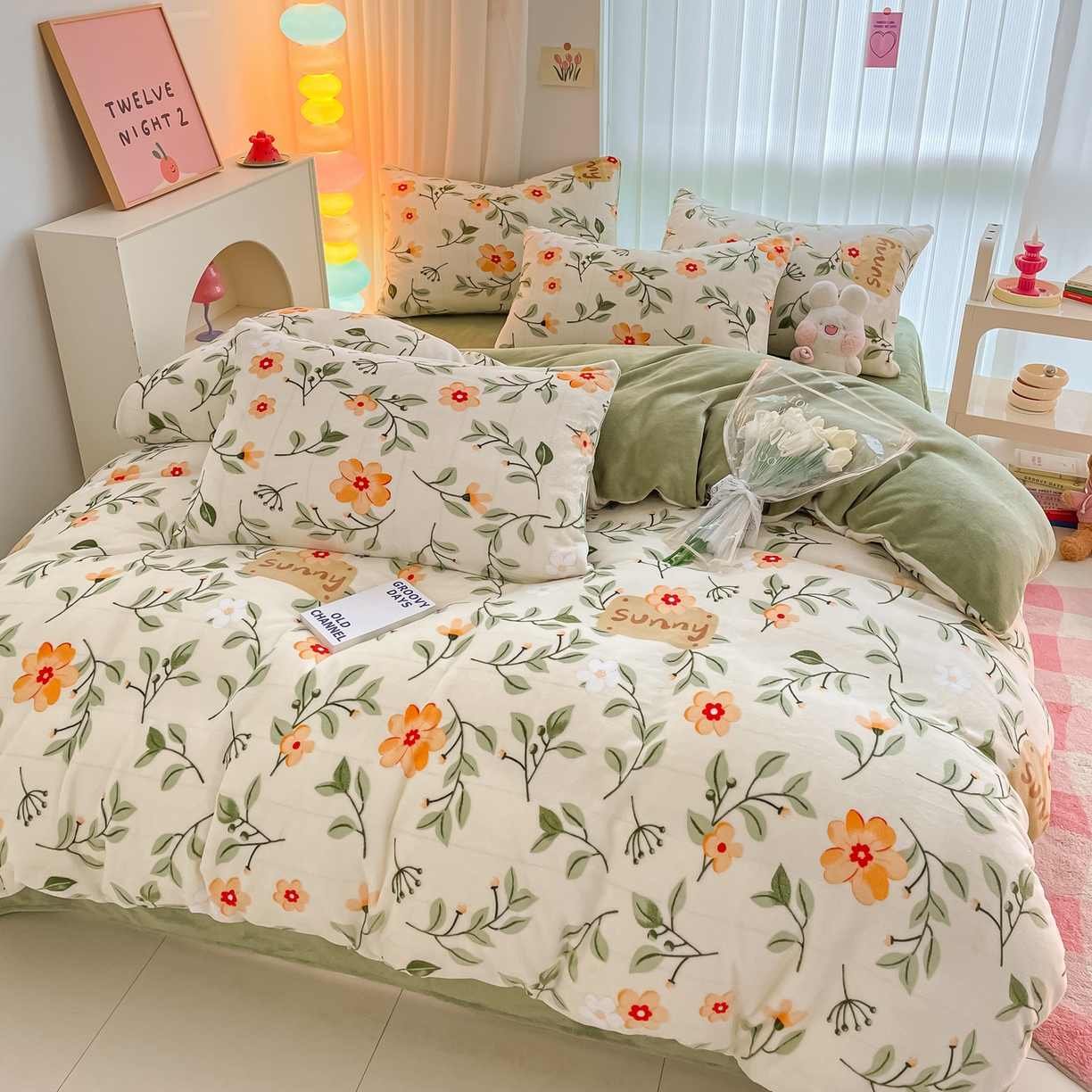 91家纺网 家纺一手货源 找家纺 启发 2025新款高克重小清新牛奶绒印花四件套 抒情花季