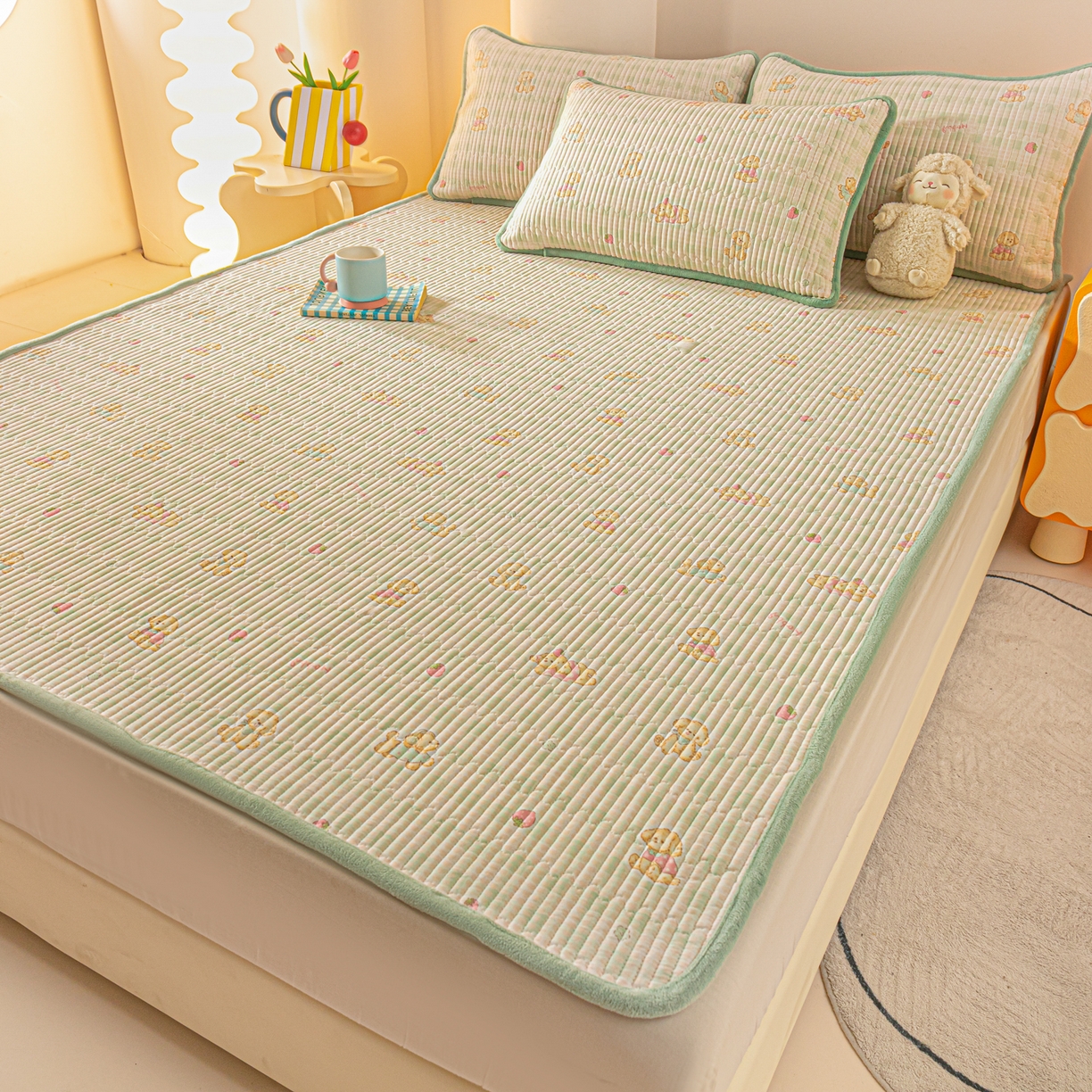 91家纺网 家纺一手货源 找家纺 恒尚居 2025新款A版全棉B版牛奶绒夹棉床褥垫A类四季可用学生床垫-秋冬款三件套系列二 甜心旺旺【A纯棉-B牛奶绒】