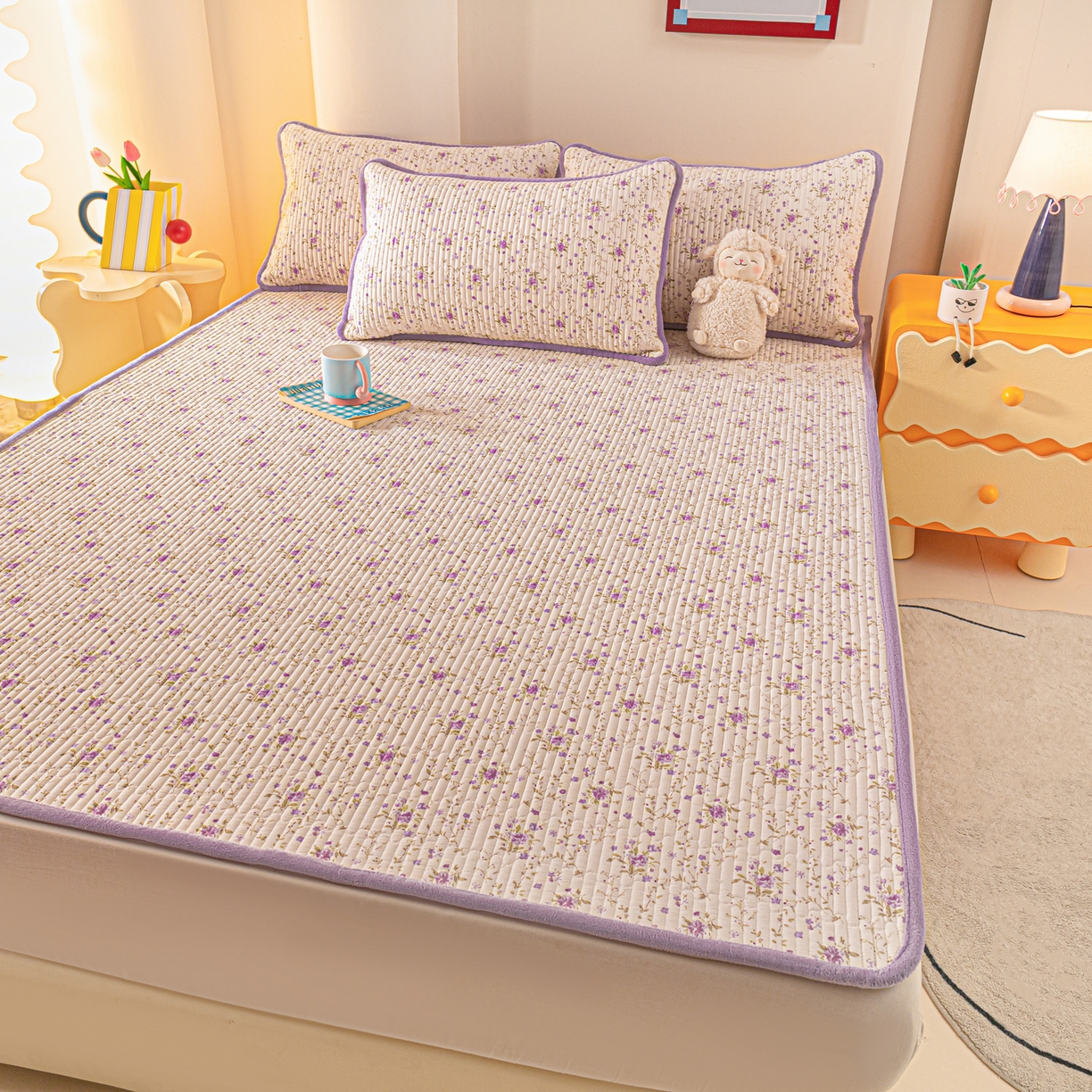 91家纺网 家纺一手货源 找家纺 恒尚居 2025新款A版全棉B版牛奶绒夹棉床褥垫A类四季可用学生床垫-秋冬款三件套系列三 熏衣紫【A纯棉-B牛奶绒】