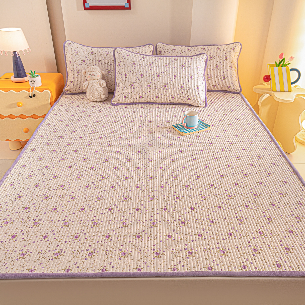 91家纺网 家纺一手货源 找家纺 恒尚居 2025新款A版全棉B版牛奶绒夹棉床褥垫A类四季可用学生床垫-秋冬款三件套系列三 熏衣紫【A纯棉-B牛奶绒】