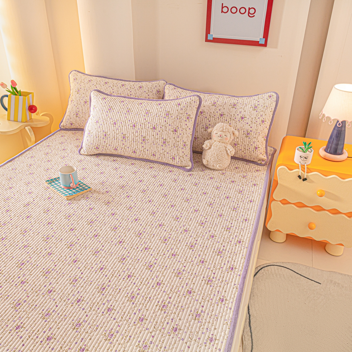 91家纺网 家纺一手货源 找家纺 恒尚居 2025新款A版全棉B版牛奶绒夹棉床褥垫A类四季可用学生床垫-秋冬款三件套系列三 熏衣紫【A纯棉-B牛奶绒】