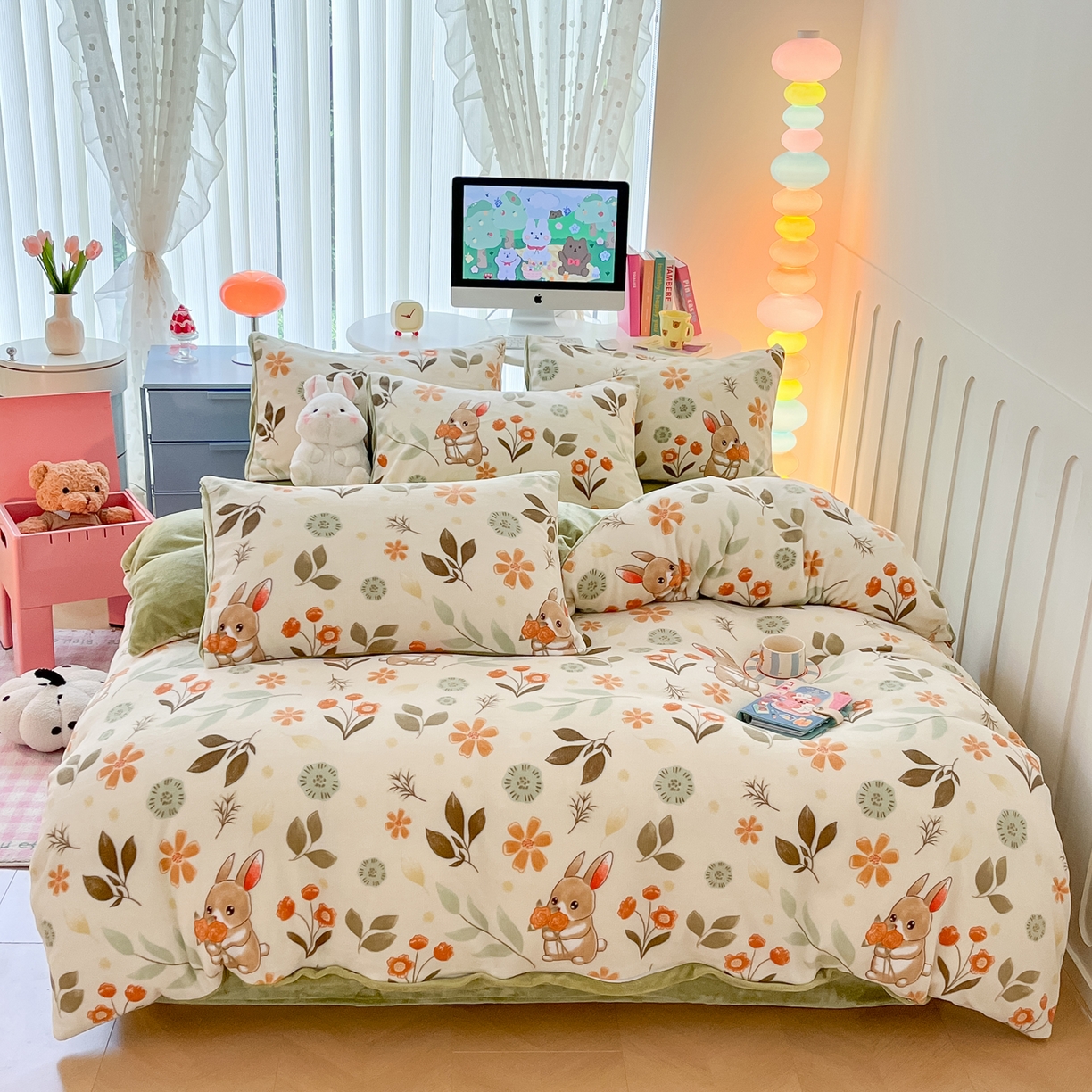 91家纺网 家纺一手货源 找家纺 启发 2025新款高克重小清新牛奶绒印花四件套 田园兔