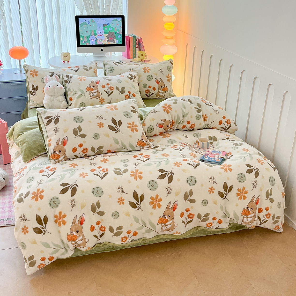 91家纺网 家纺一手货源 找家纺 启发 2025新款高克重小清新牛奶绒印花四件套 田园兔