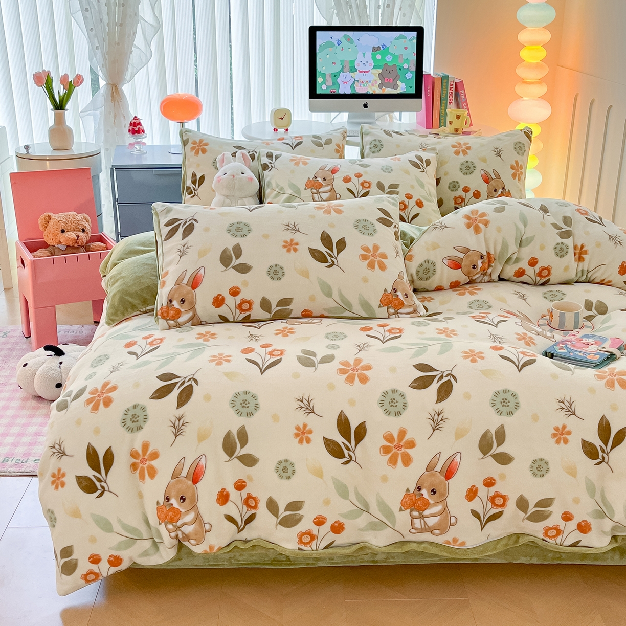 91家纺网 家纺一手货源 找家纺 启发 2025新款高克重小清新牛奶绒印花四件套 田园兔