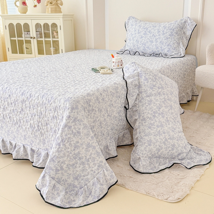 91家纺网 家纺一手货源 找家纺 小萌虎 2025新款A类云感原麻双层纱花边床盖四件套 初见【花边款】