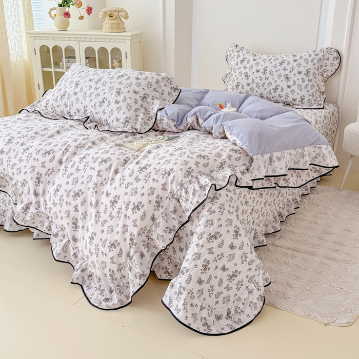 91家纺网 家纺一手货源 找家纺 小萌虎 2025新款A类云感原麻双层纱花边床盖四件套 浅画【花边款】