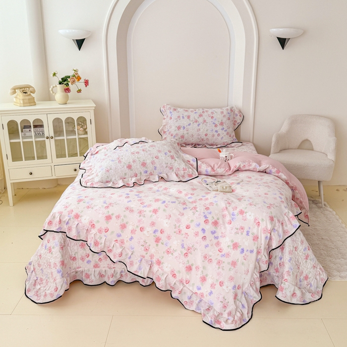 小萌虎 2025新款A类云感原麻双层纱花边床盖四件套 漫花【花边款】