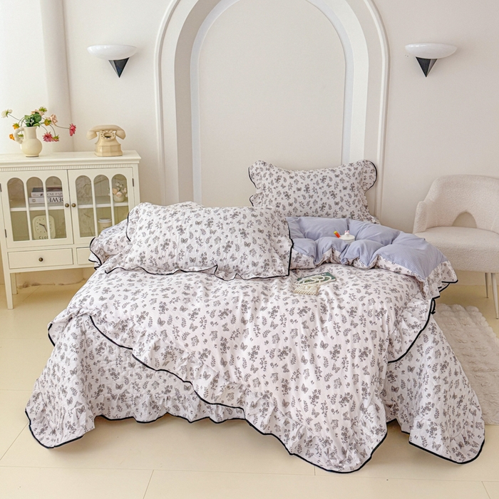 小萌虎 2025新款A类云感原麻双层纱花边床盖四件套 浅画【花边款】