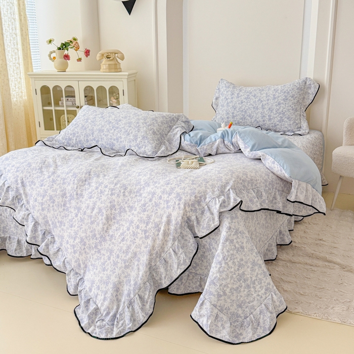 91家纺网 家纺一手货源 找家纺 小萌虎 2025新款A类云感原麻双层纱花边床盖四件套 初见【花边款】