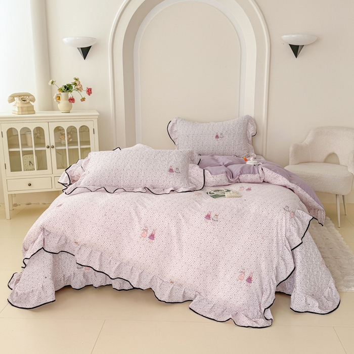 小萌虎 2025新款A类云感原麻双层纱花边床盖四件套 寻梦紫【花边款】