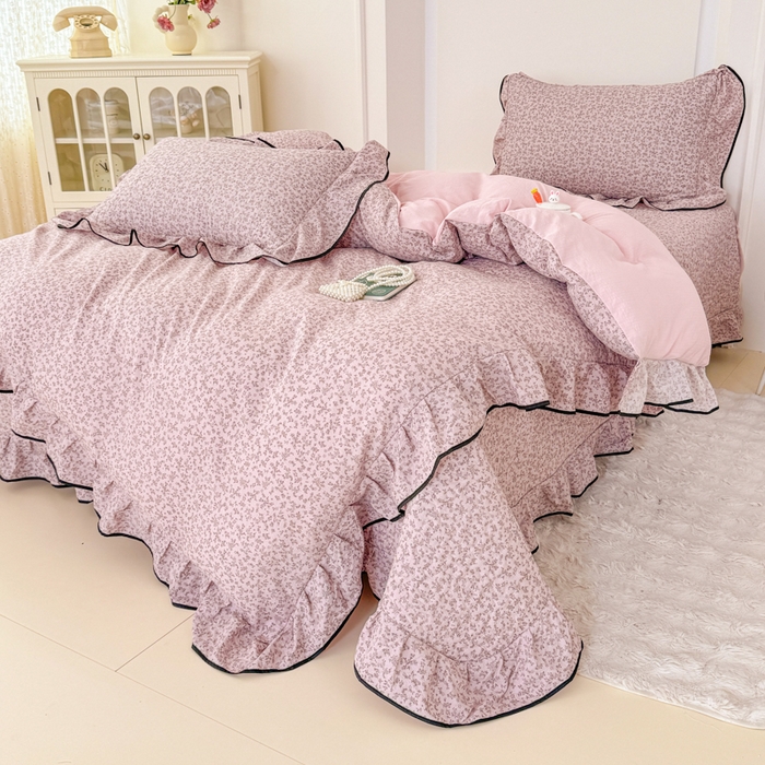 91家纺网 家纺一手货源 找家纺 小萌虎 2025新款A类云感原麻双层纱花边床盖四件套 慕情【花边款】