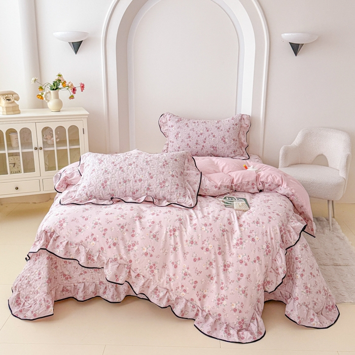 91家纺网 家纺一手货源 找家纺 （总）小萌虎 2025新款A类云感原麻双层纱花边床盖四件套