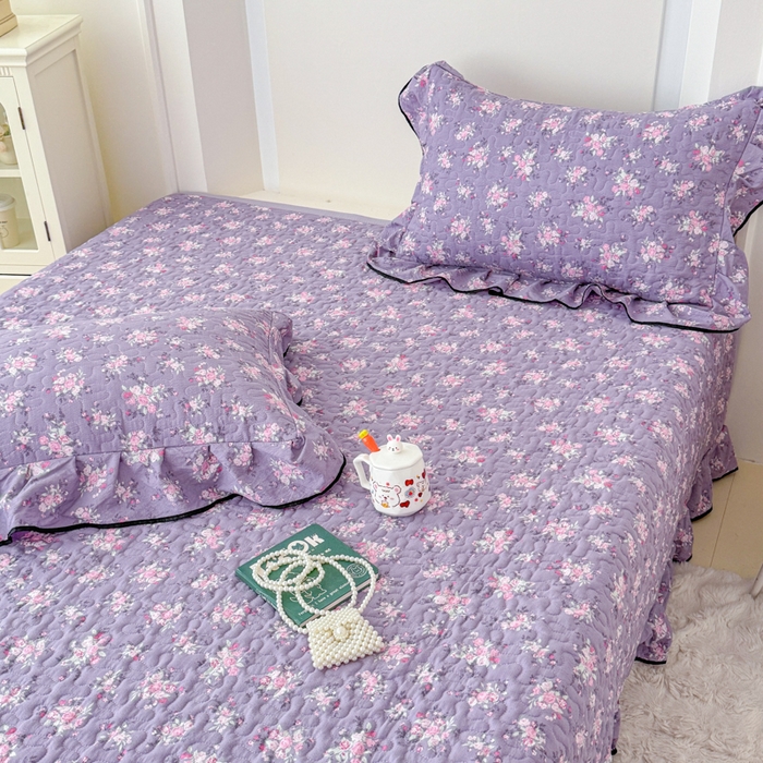 91家纺网 家纺一手货源 找家纺 小萌虎 2025新款A类云感原麻双层纱花边床盖四件套 紫韵【花边款】