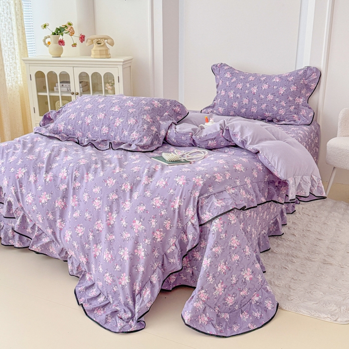 91家纺网 家纺一手货源 找家纺 小萌虎 2025新款A类云感原麻双层纱花边床盖四件套 紫韵【花边款】