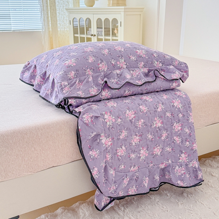 91家纺网 家纺一手货源 找家纺 小萌虎 2025新款A类云感原麻双层纱花边床盖四件套 紫韵【花边款】