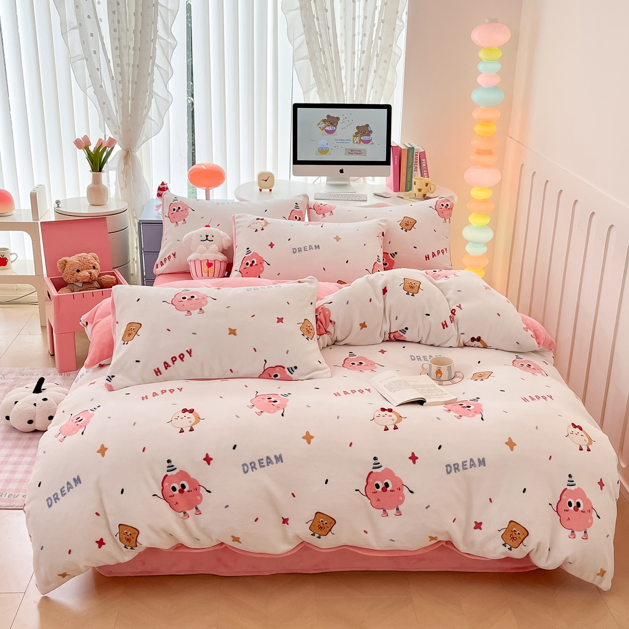 91家纺网 家纺一手货源 找家纺 启发 2025新款高克重小清新牛奶绒印花四件套 甜甜圈