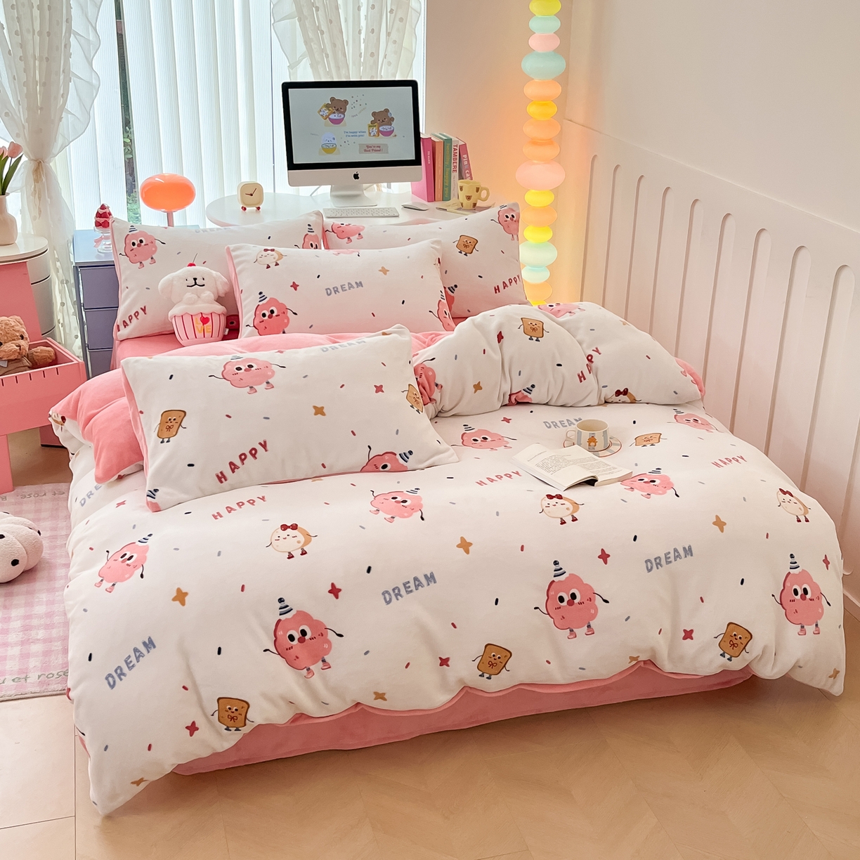 91家纺网 家纺一手货源 找家纺 启发 2025新款高克重小清新牛奶绒印花四件套 甜甜圈