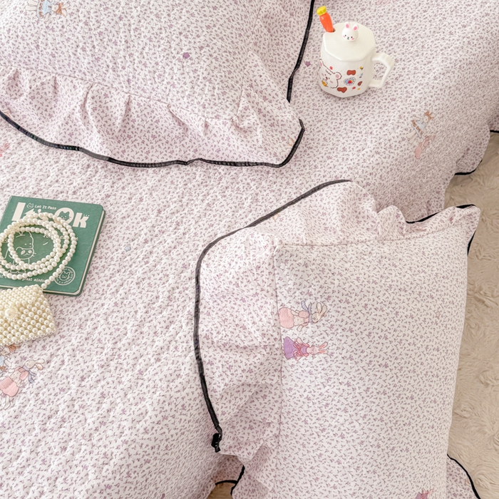 91家纺网 家纺一手货源 找家纺 小萌虎 2025新款A类云感原麻双层纱花边床盖四件套 寻梦紫【花边款】