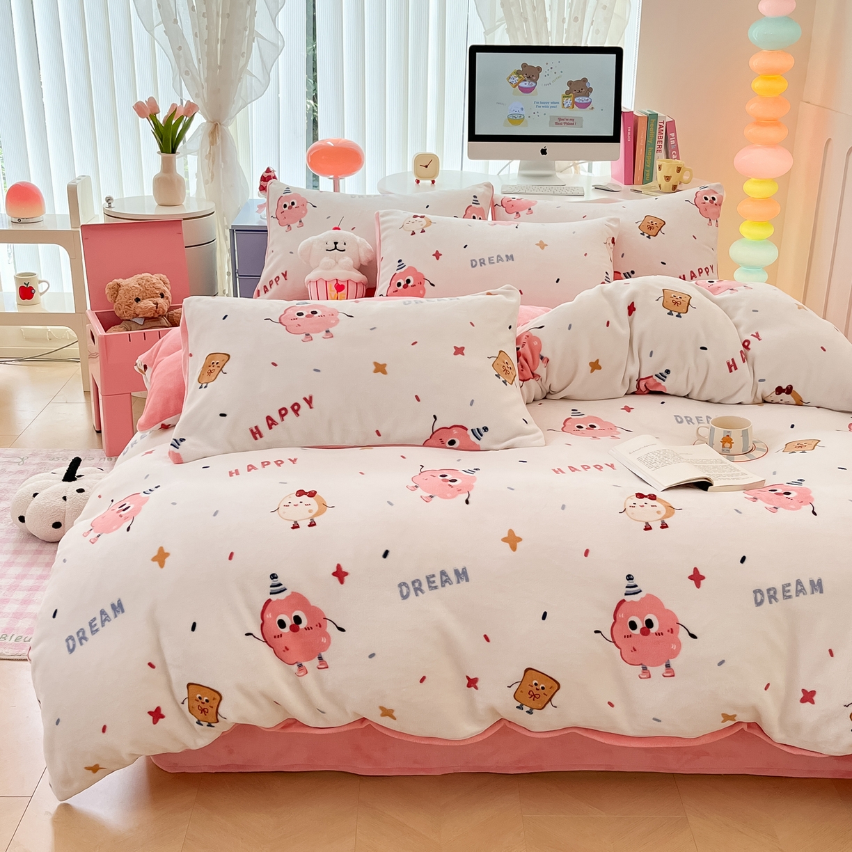 91家纺网 家纺一手货源 找家纺 启发 2025新款高克重小清新牛奶绒印花四件套 甜甜圈