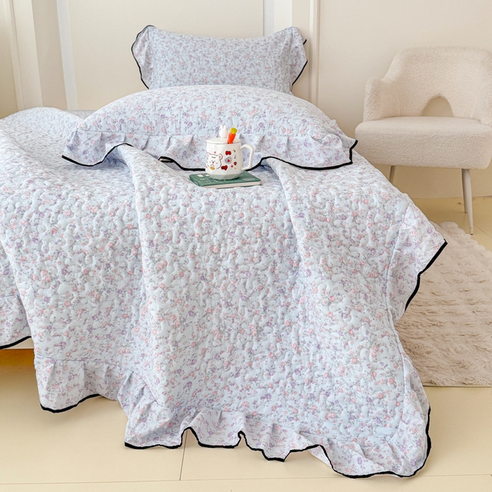 91家纺网 家纺一手货源 找家纺 小萌虎 2025新款A类云感原麻双层纱花边床盖四件套 兰黛【花边款】