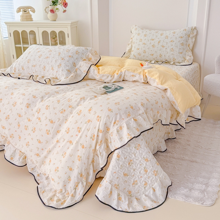 91家纺网 家纺一手货源 找家纺 小萌虎 2025新款A类云感原麻双层纱花边床盖四件套 静初【花边款】