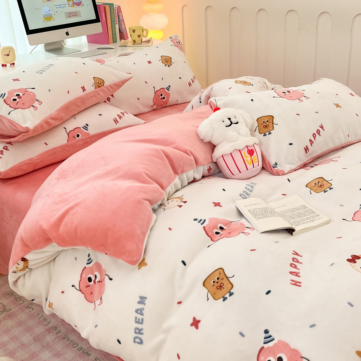 91家纺网 家纺一手货源 找家纺 启发 2025新款高克重小清新牛奶绒印花四件套 甜甜圈