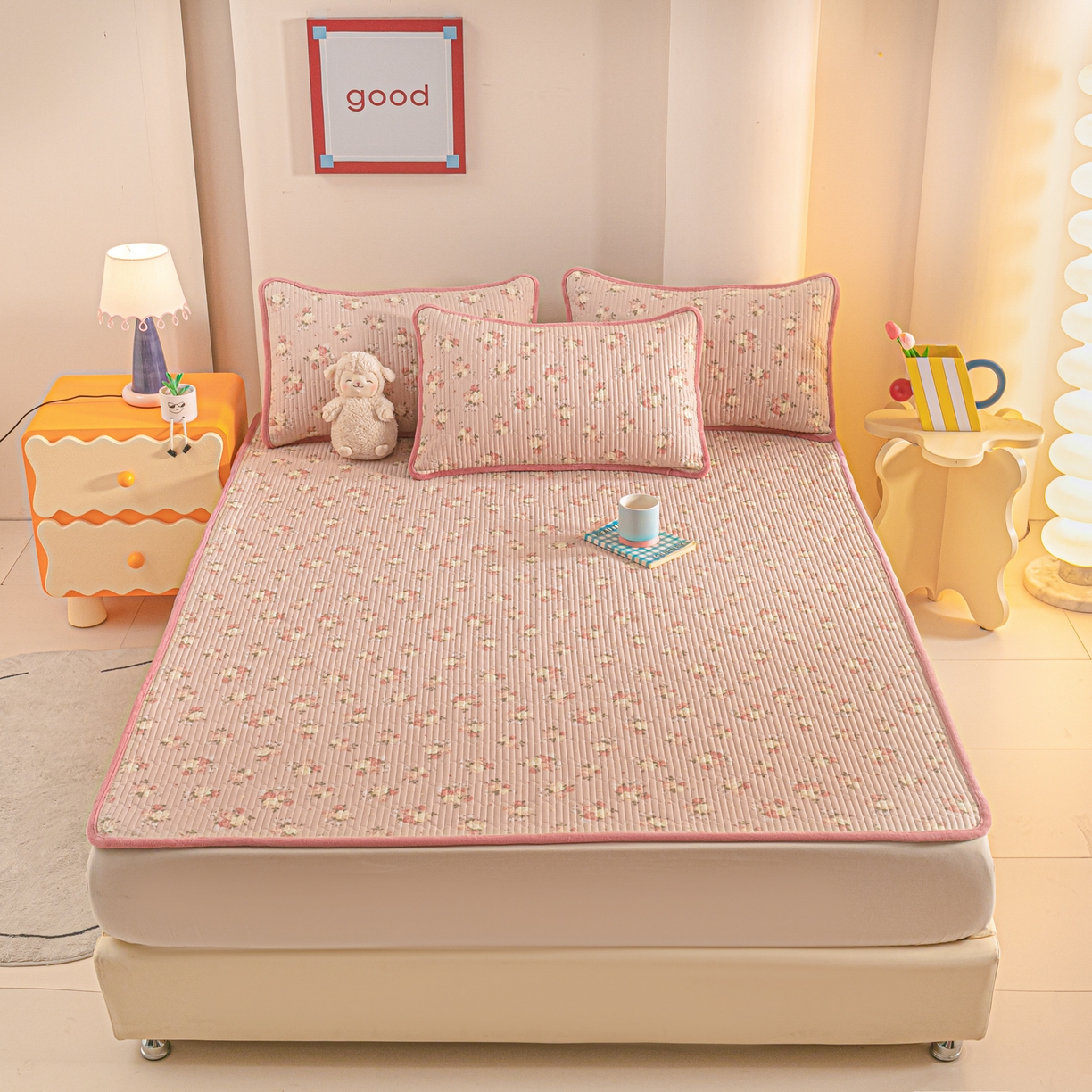 91家纺网 家纺一手货源 找家纺 恒尚居 2025新款A版全棉B版牛奶绒夹棉床褥垫A类四季可用学生床垫-秋冬款三件套系列二 晚庭粉【A纯棉-B牛奶绒】