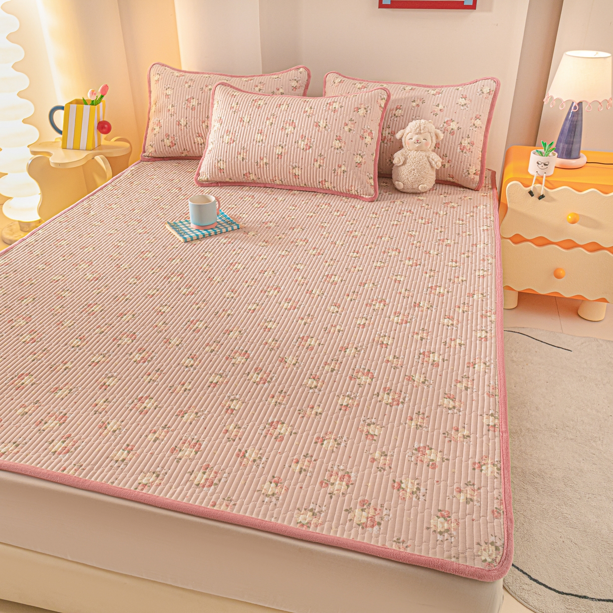 91家纺网 家纺一手货源 找家纺 恒尚居 2025新款A版全棉B版牛奶绒夹棉床褥垫A类四季可用学生床垫-秋冬款三件套系列二 晚庭粉【A纯棉-B牛奶绒】