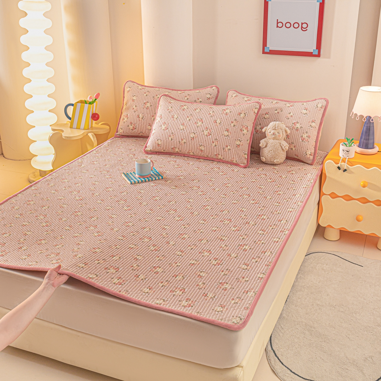 91家纺网 家纺一手货源 找家纺 恒尚居 2025新款A版全棉B版牛奶绒夹棉床褥垫A类四季可用学生床垫-秋冬款三件套系列二 晚庭粉【A纯棉-B牛奶绒】