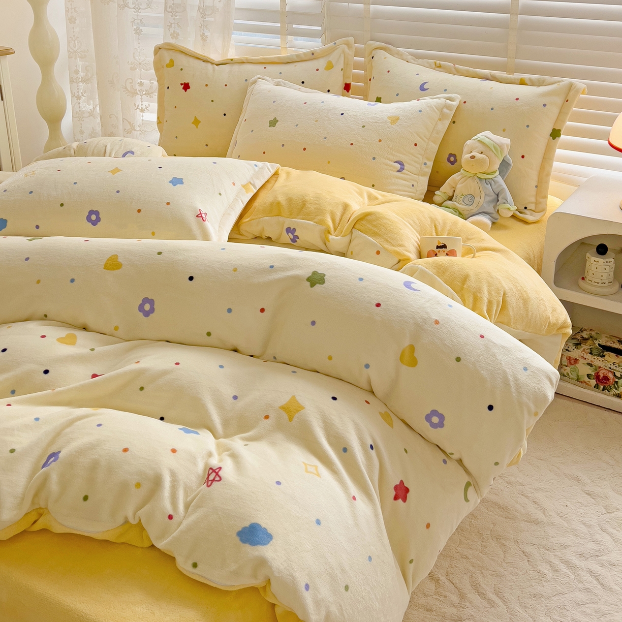 91家纺网 家纺一手货源 找家纺 启发 2025新款高克重小清新牛奶绒印花四件套 童话星空