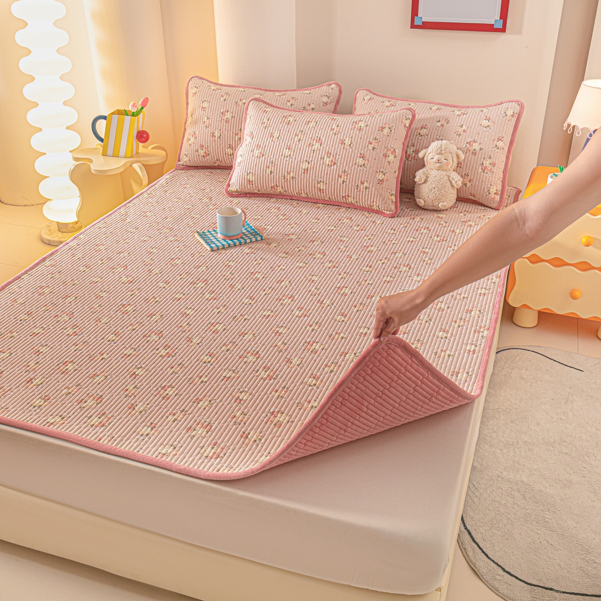 91家纺网 家纺一手货源 找家纺 恒尚居 2025新款A版全棉B版牛奶绒夹棉床褥垫A类四季可用学生床垫-秋冬款三件套系列二 晚庭粉【A纯棉-B牛奶绒】