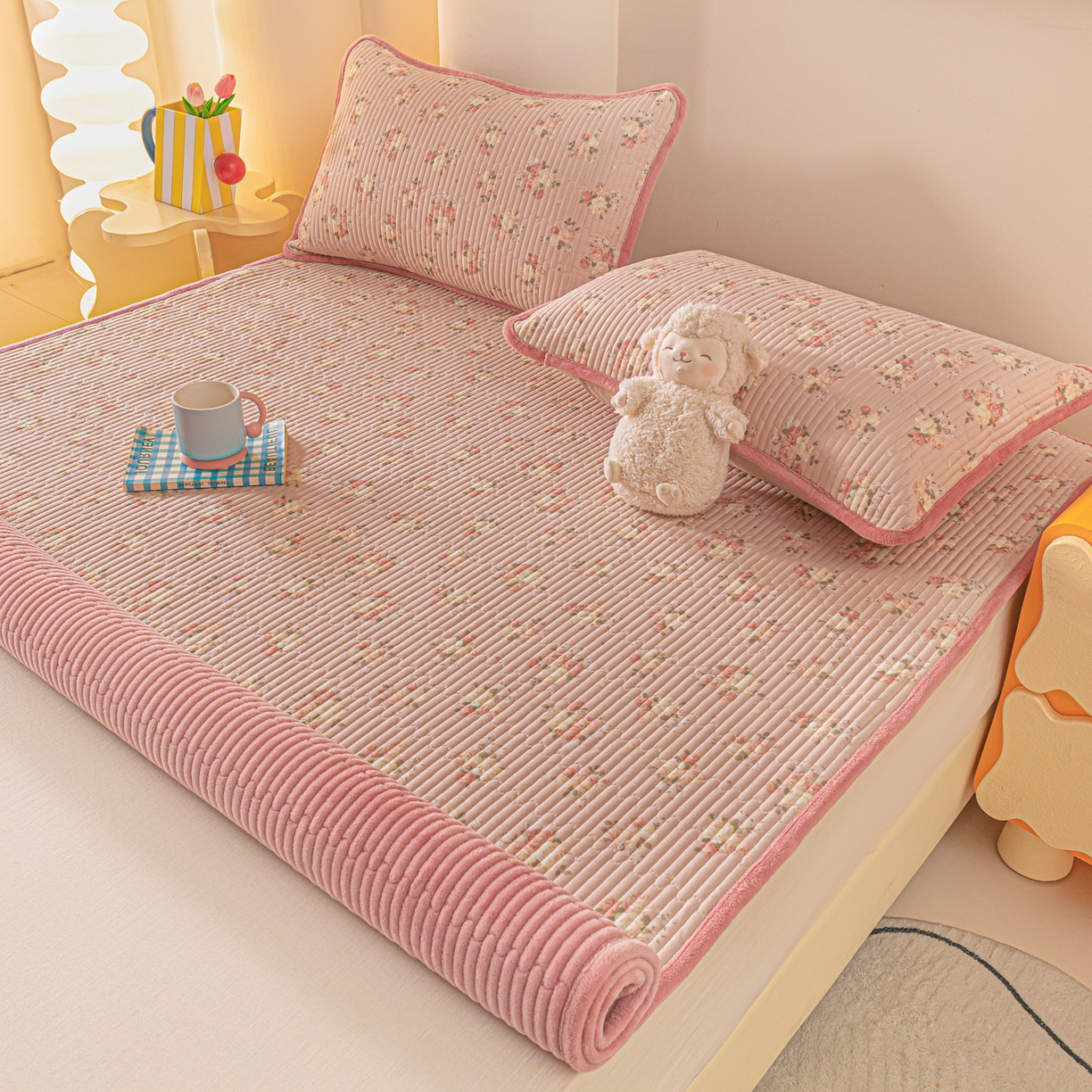 91家纺网 家纺一手货源 找家纺 恒尚居 2025新款A版全棉B版牛奶绒夹棉床褥垫A类四季可用学生床垫-秋冬款三件套系列二 晚庭粉【A纯棉-B牛奶绒】