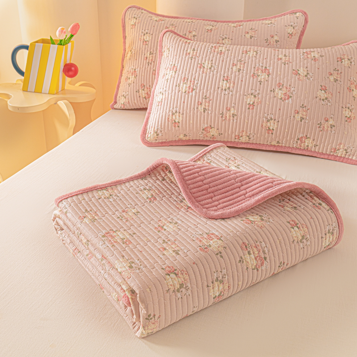 91家纺网 家纺一手货源 找家纺 恒尚居 2025新款A版全棉B版牛奶绒夹棉床褥垫A类四季可用学生床垫-秋冬款三件套系列二 晚庭粉【A纯棉-B牛奶绒】