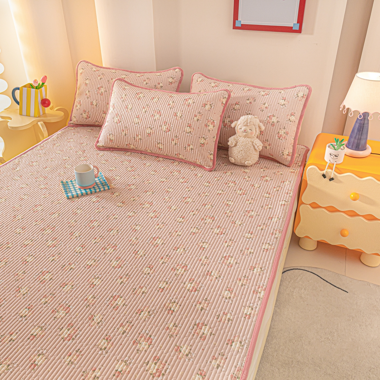 91家纺网 家纺一手货源 找家纺 恒尚居 2025新款A版全棉B版牛奶绒夹棉床褥垫A类四季可用学生床垫-秋冬款三件套系列二 晚庭粉【A纯棉-B牛奶绒】